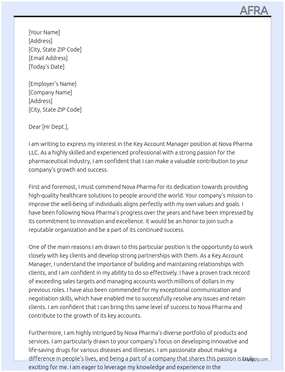 Key Account Manager  At Nova Pharma LLC Cover Letter