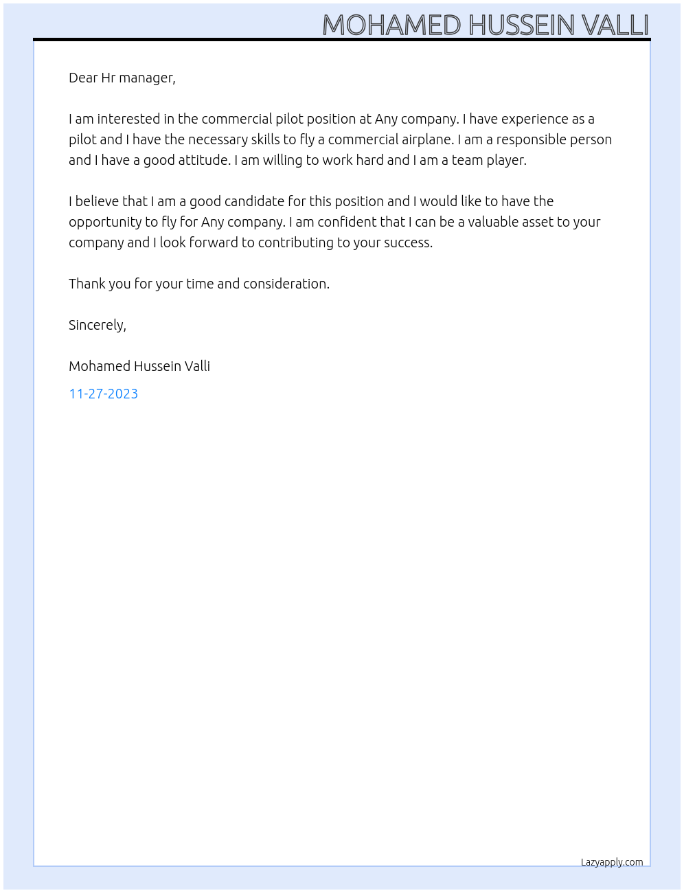 Commercial pilot At Any Cover Letter