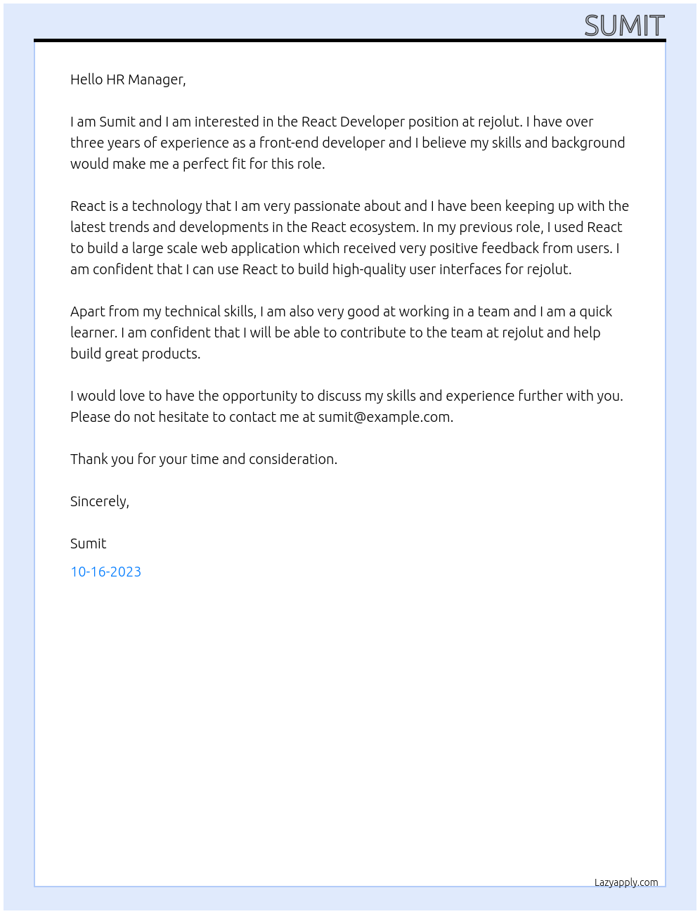 React Developer At rejolut Cover Letter