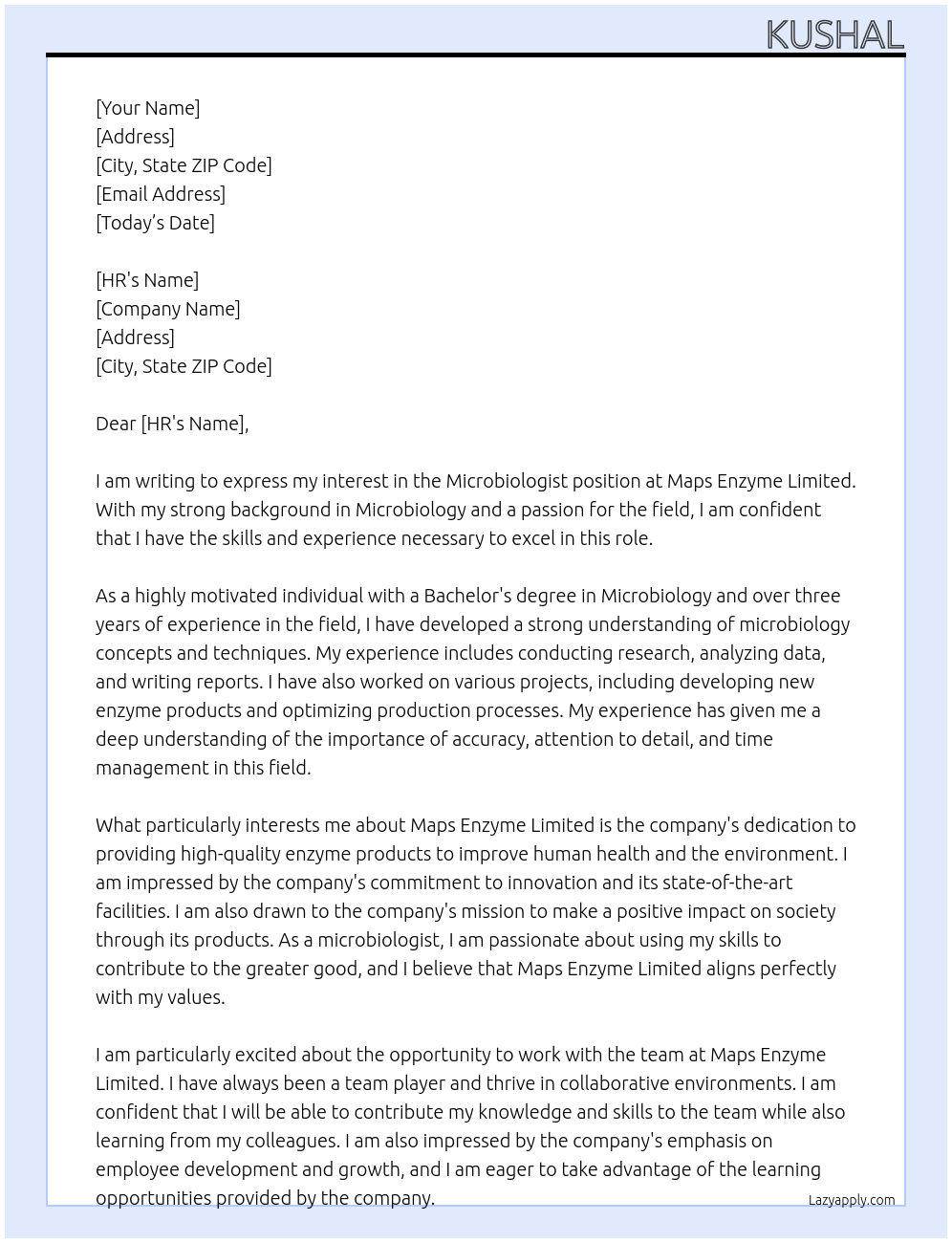 Microbiologist At Maps Enzyme Limited Cover Letter