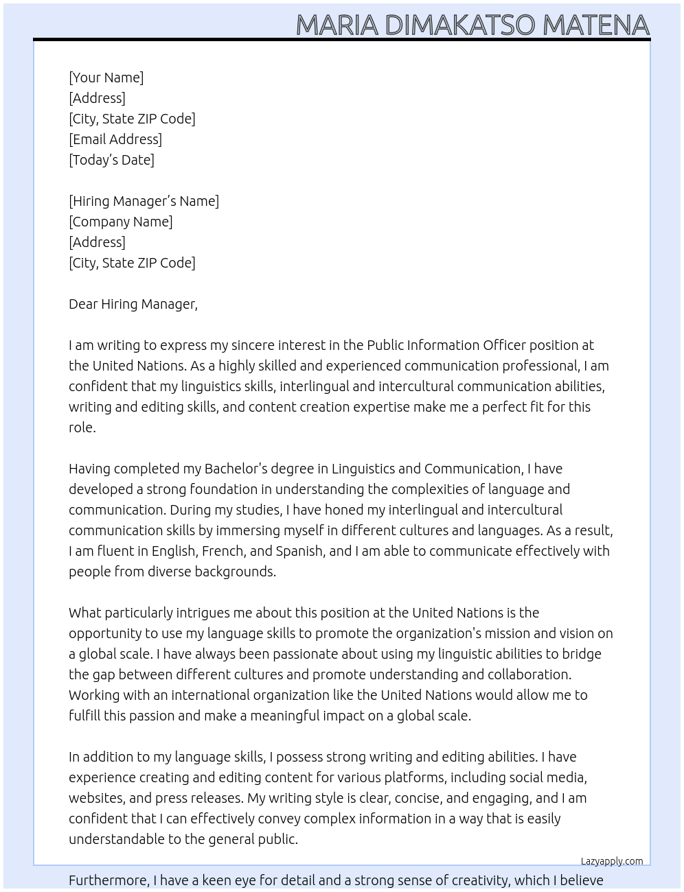 Public information officer At United Nations Cover Letter