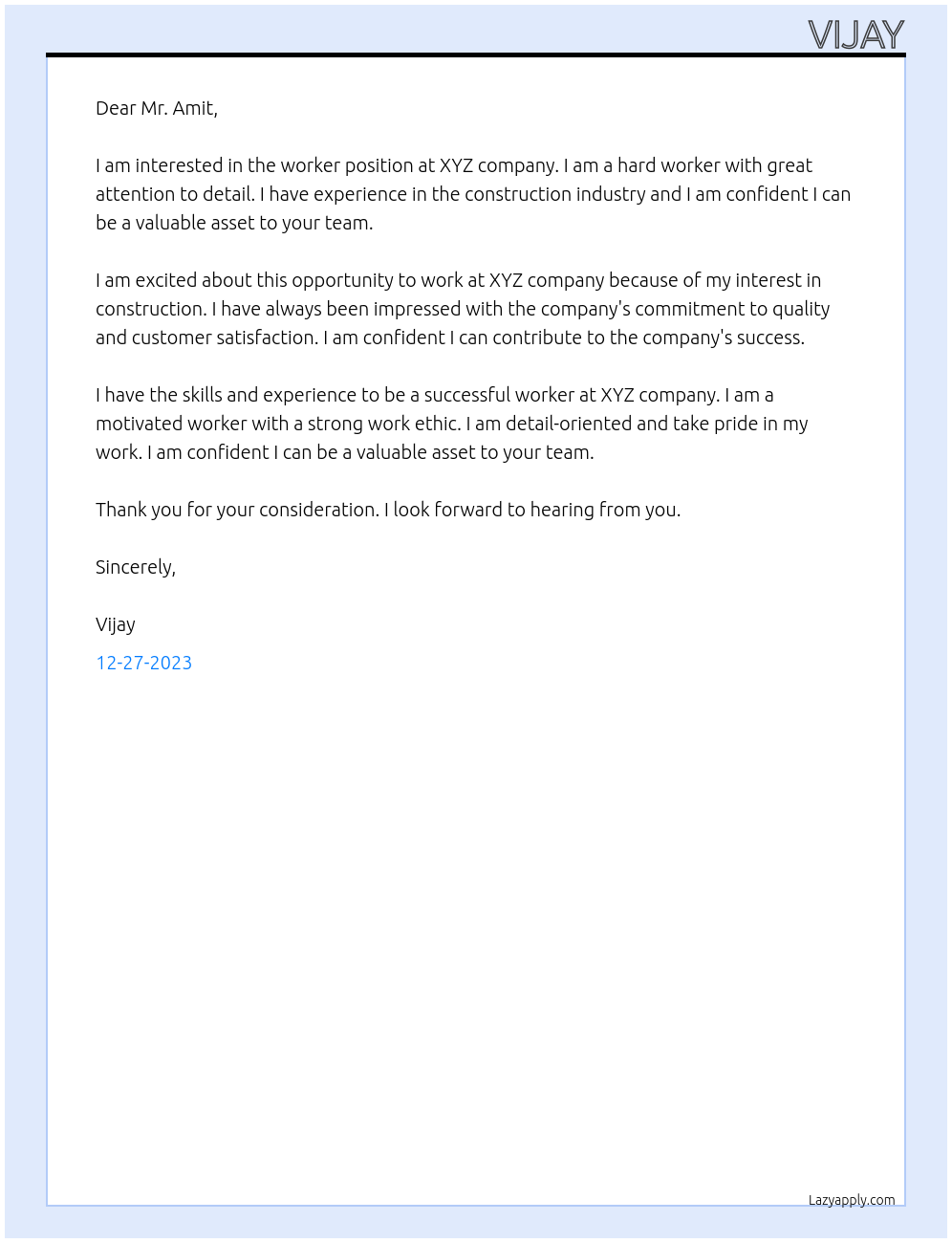 Worker At Xyz Cover Letter