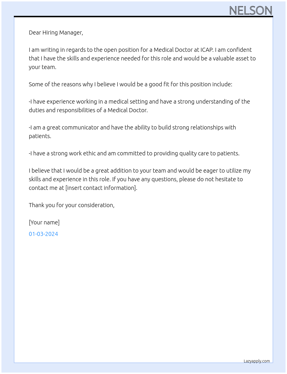 Medical doctor At icap Cover Letter