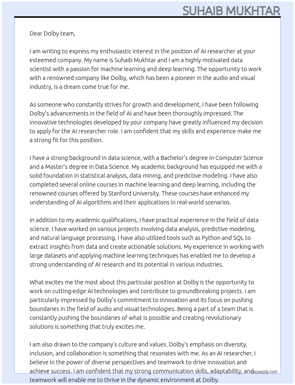 Ai researcher  At Dolby Cover Letter