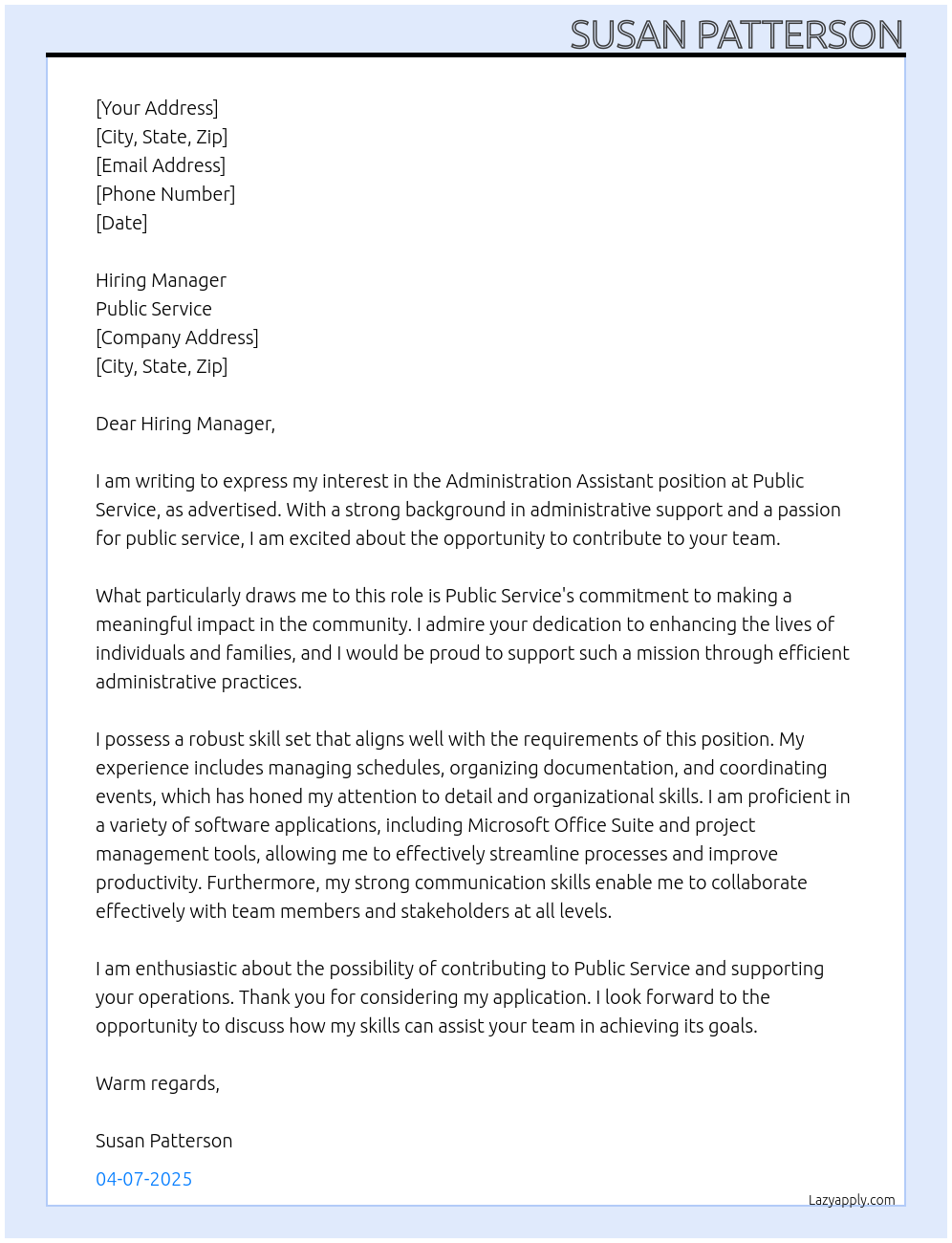 Administration Assistant At Public Service Cover Letter