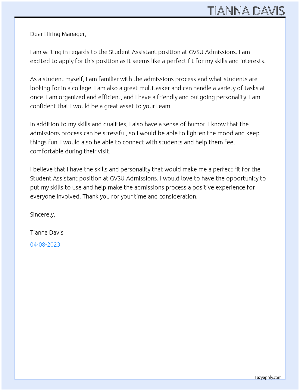 Student Assistant At GVSU Admissions Cover Letter