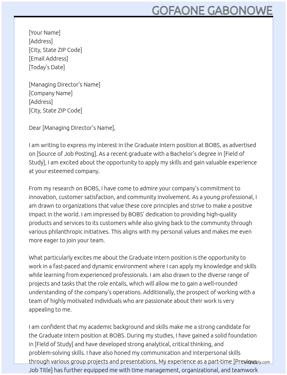 graduate intern At BOBS Cover Letter