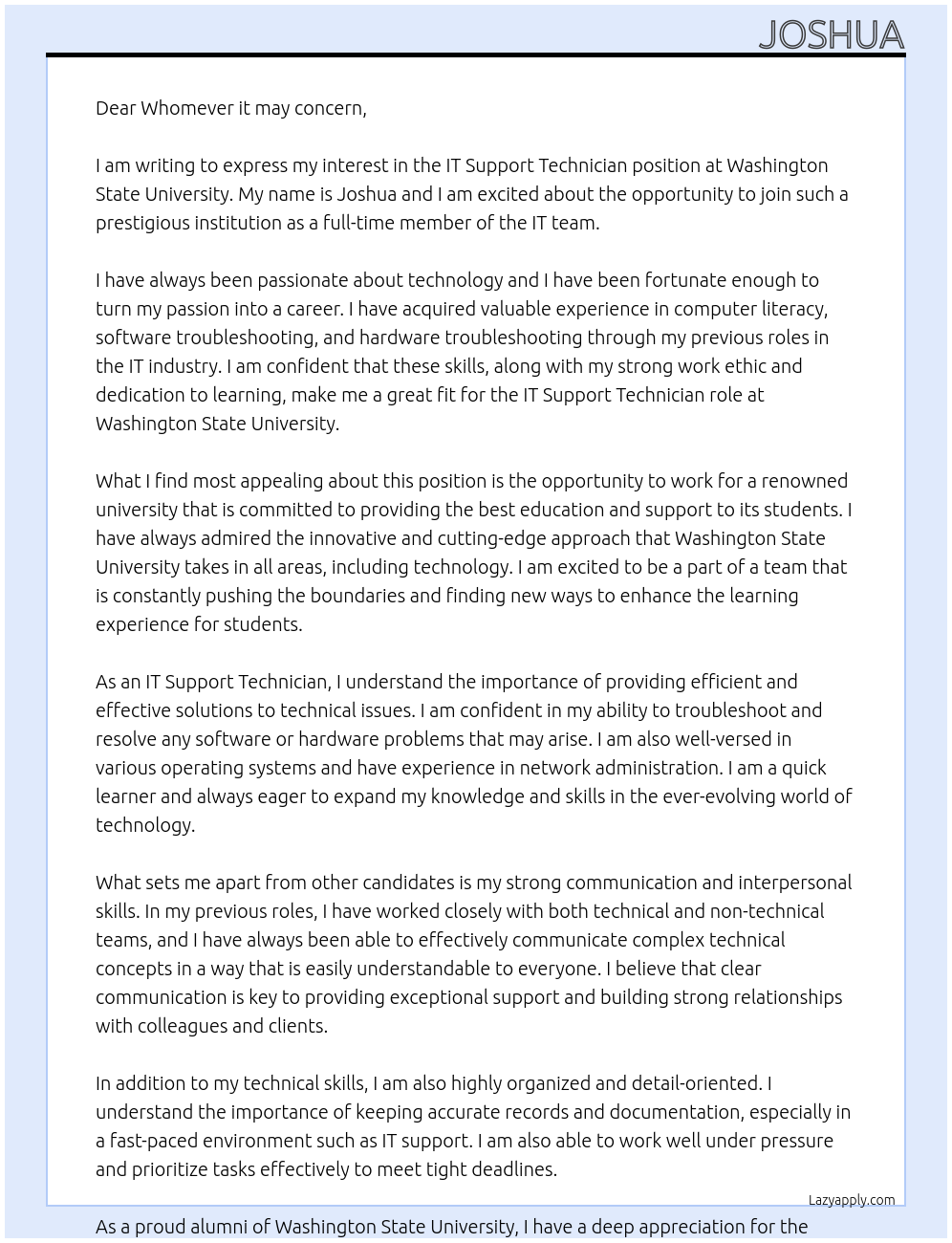 IT Support Technician At Washington State University Cover Letter