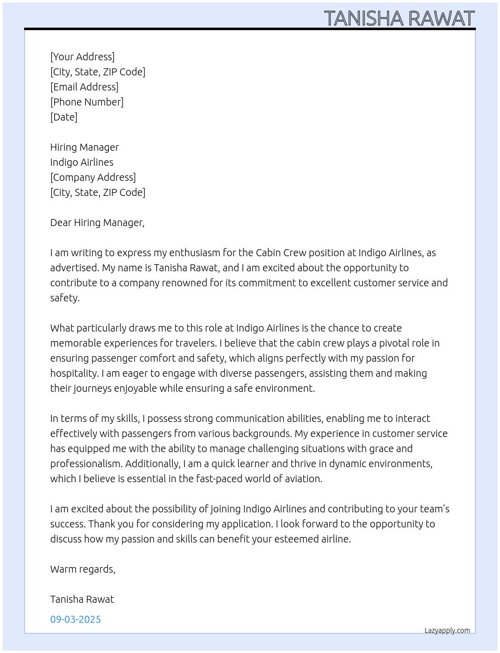 Cabin Crew At Indigo Airlines Cover Letter
