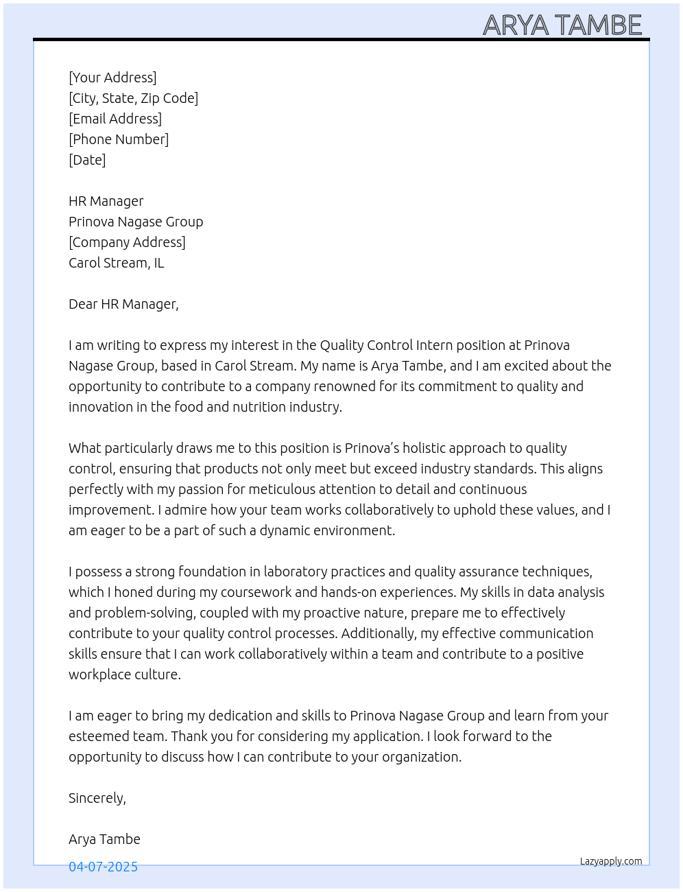 Quality control At Prinova Nagase Group Cover Letter