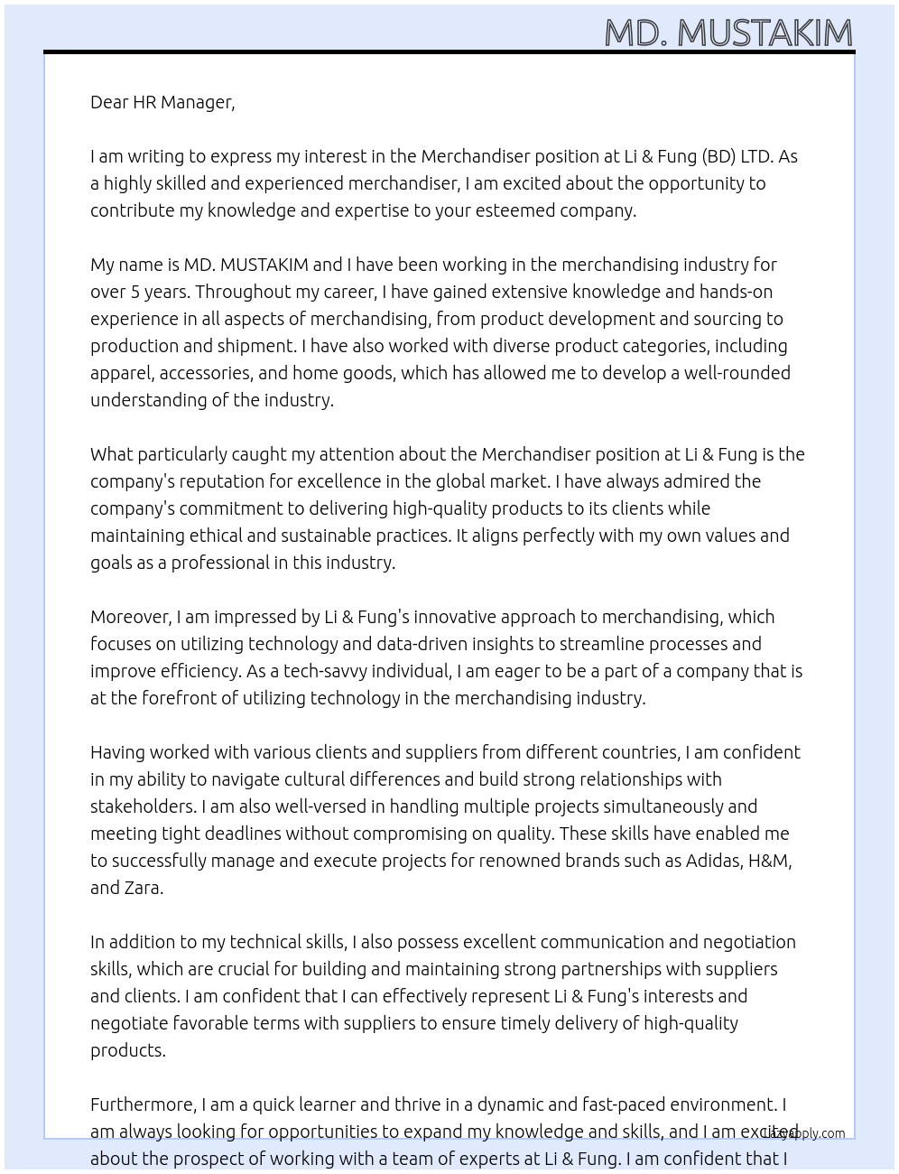 Merchandiser At Li & Fung (BD) LTD. Cover Letter
