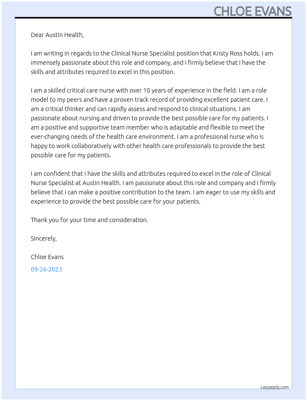 Clinical Nurse Specialist At Austin Health Cover Letter