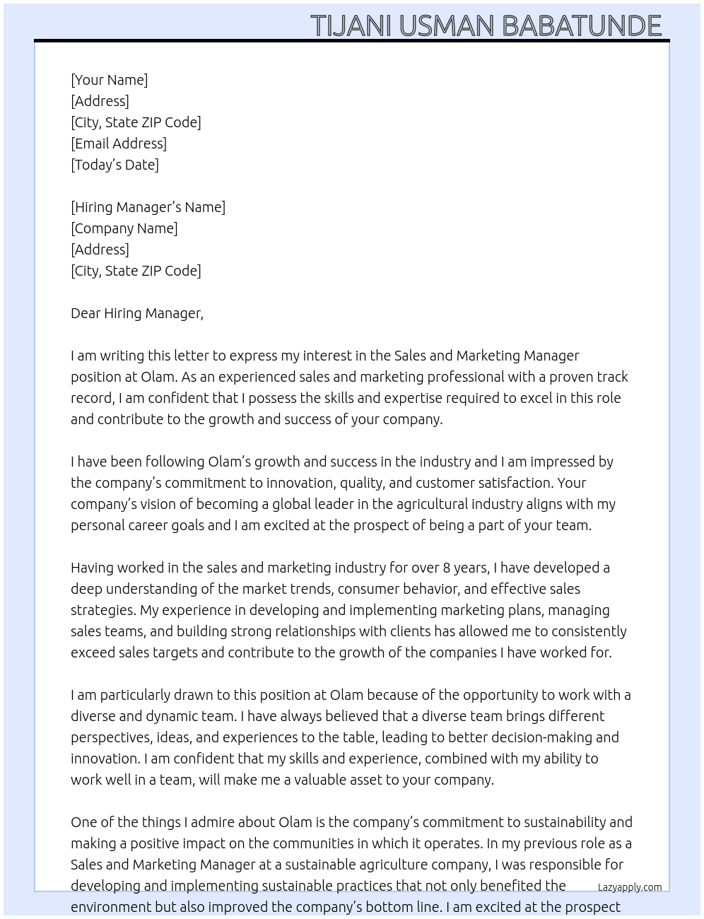 Sales and Marketing Manager At Olam Cover Letter