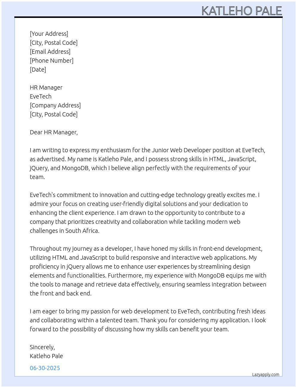Cover letter for junior web developer - LazyApply