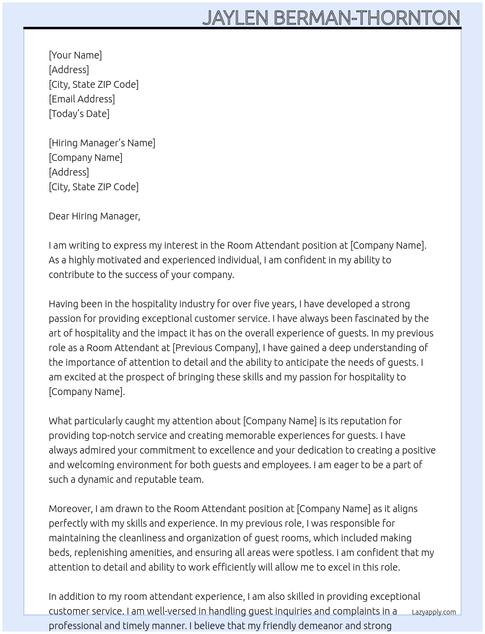 Room Attendant At Jaylen Berman-Thornton Cover Letter