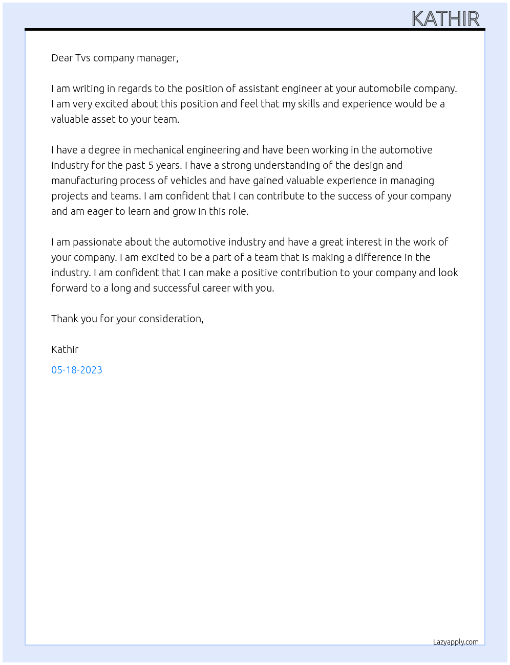 Assistant engineer At Automobile tvs company Cover Letter