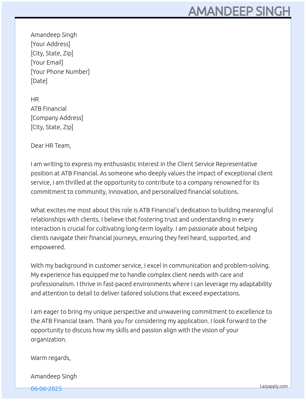 Client Service Representative At ATB Financial Cover Letter