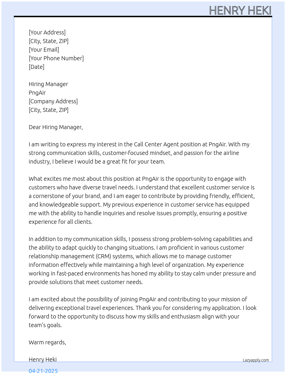 Call center agent At PngAir Cover Letter