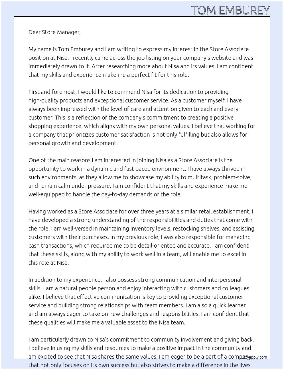 Store associate At Nisa Cover Letter