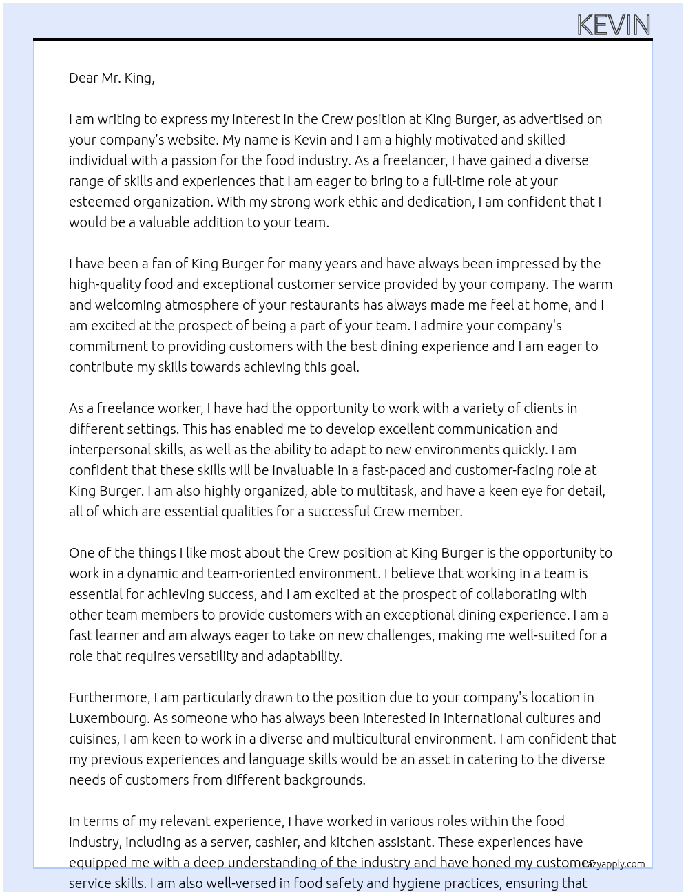 Crew At King Burger Cover Letter