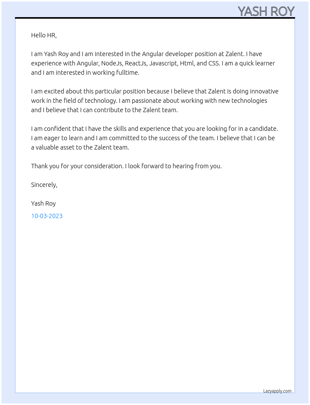 Angular developer At Zalent Cover Letter