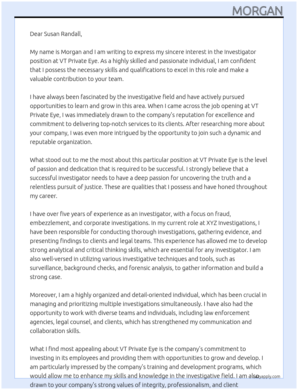 Investigator At VT Private Eye Cover Letter