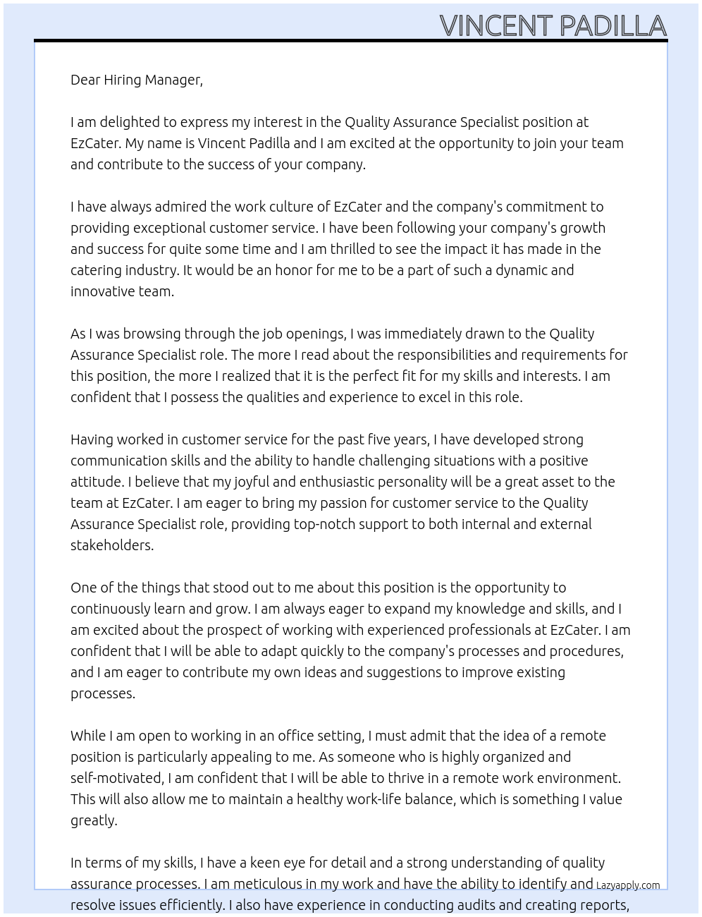 Quality Assurance Specialist At EzCater Cover Letter
