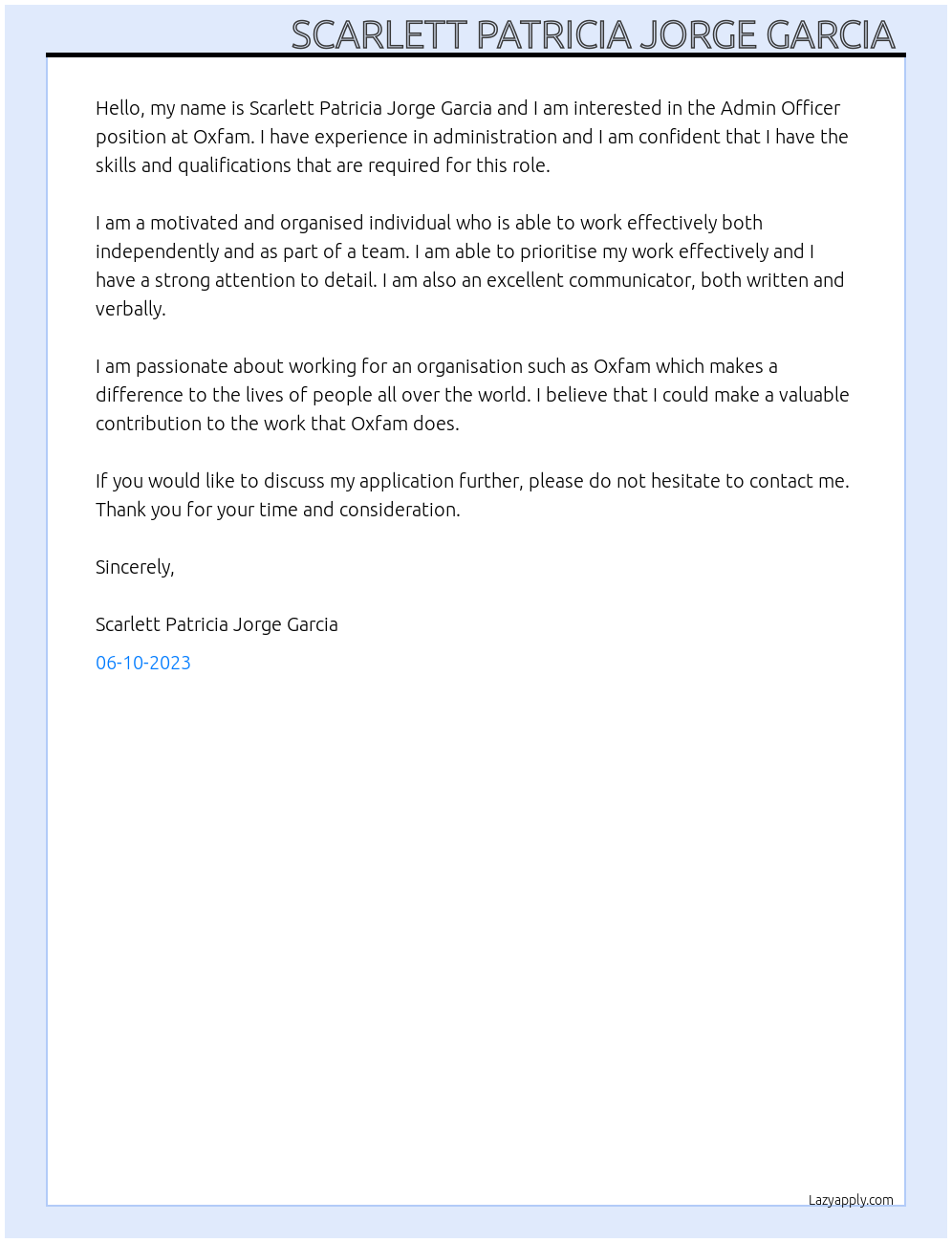 Admin Officer At Scar jorge Cover Letter