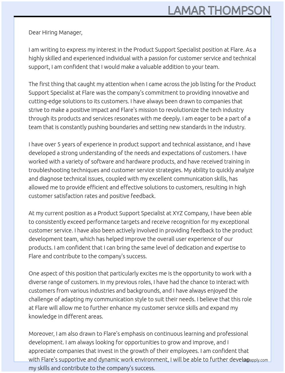 Product Support Specialist At Flare Cover Letter