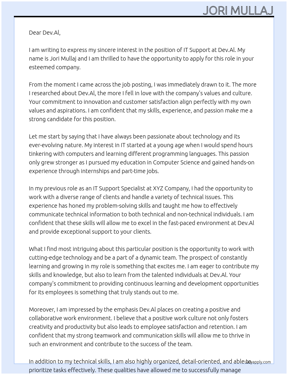 IT Support At Dev.Al Cover Letter