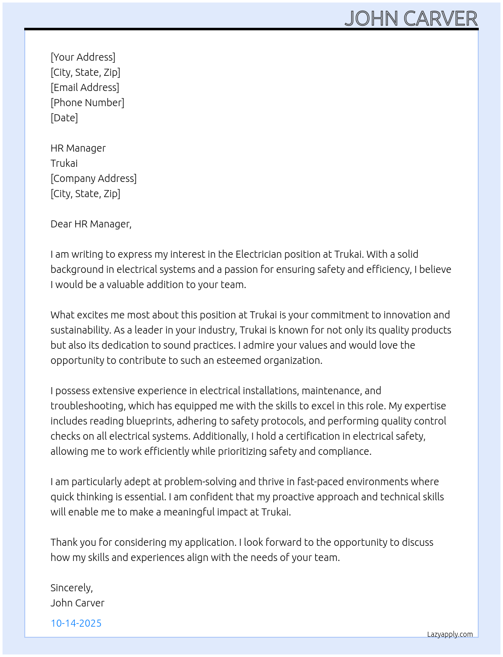 Electrician At Trukai Cover Letter
