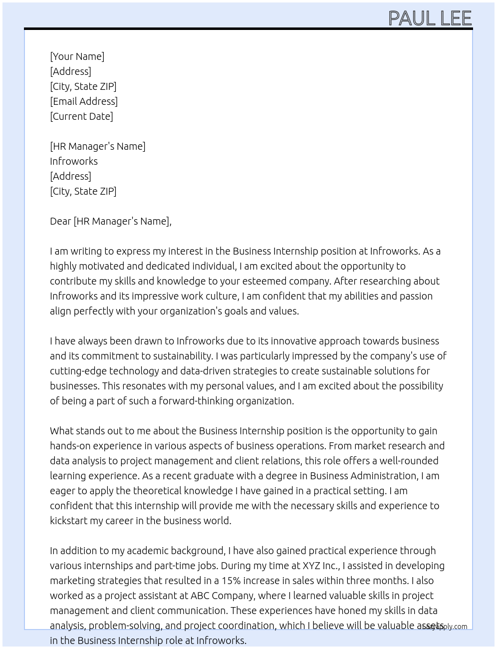 Business internship At Infroworks Cover Letter