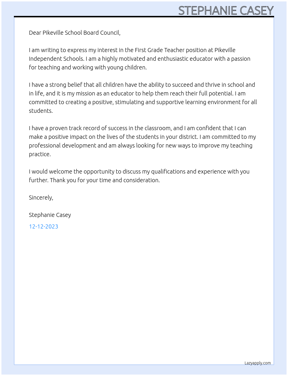 First Grade Teacher At Pikeville Independent Schools Cover Letter