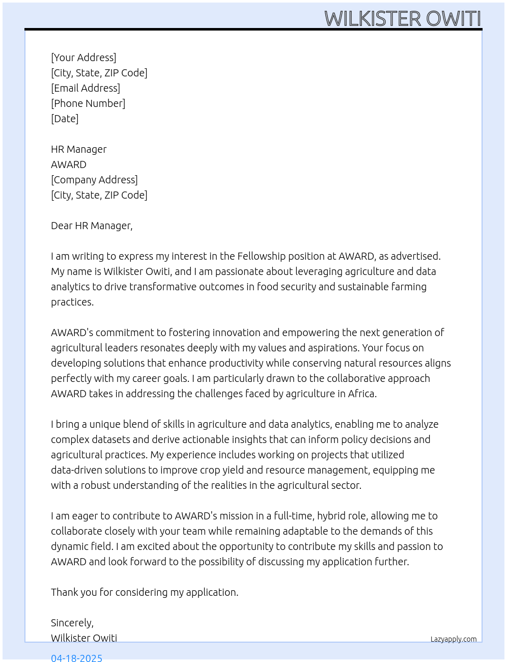 Fellowship At AWARD Cover Letter