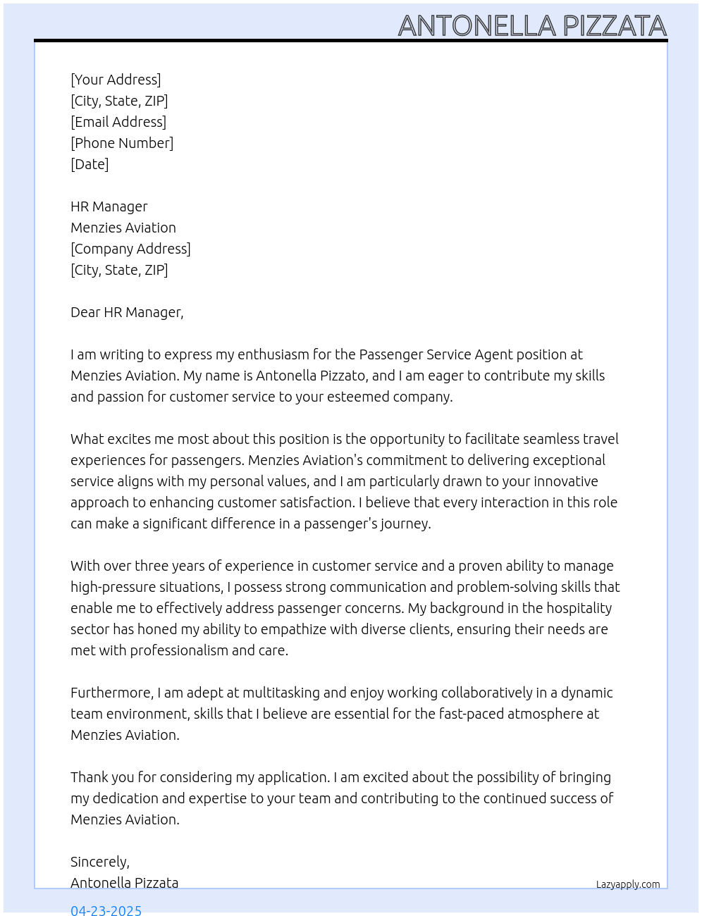 Cover letter for passenger service agent - LazyApply