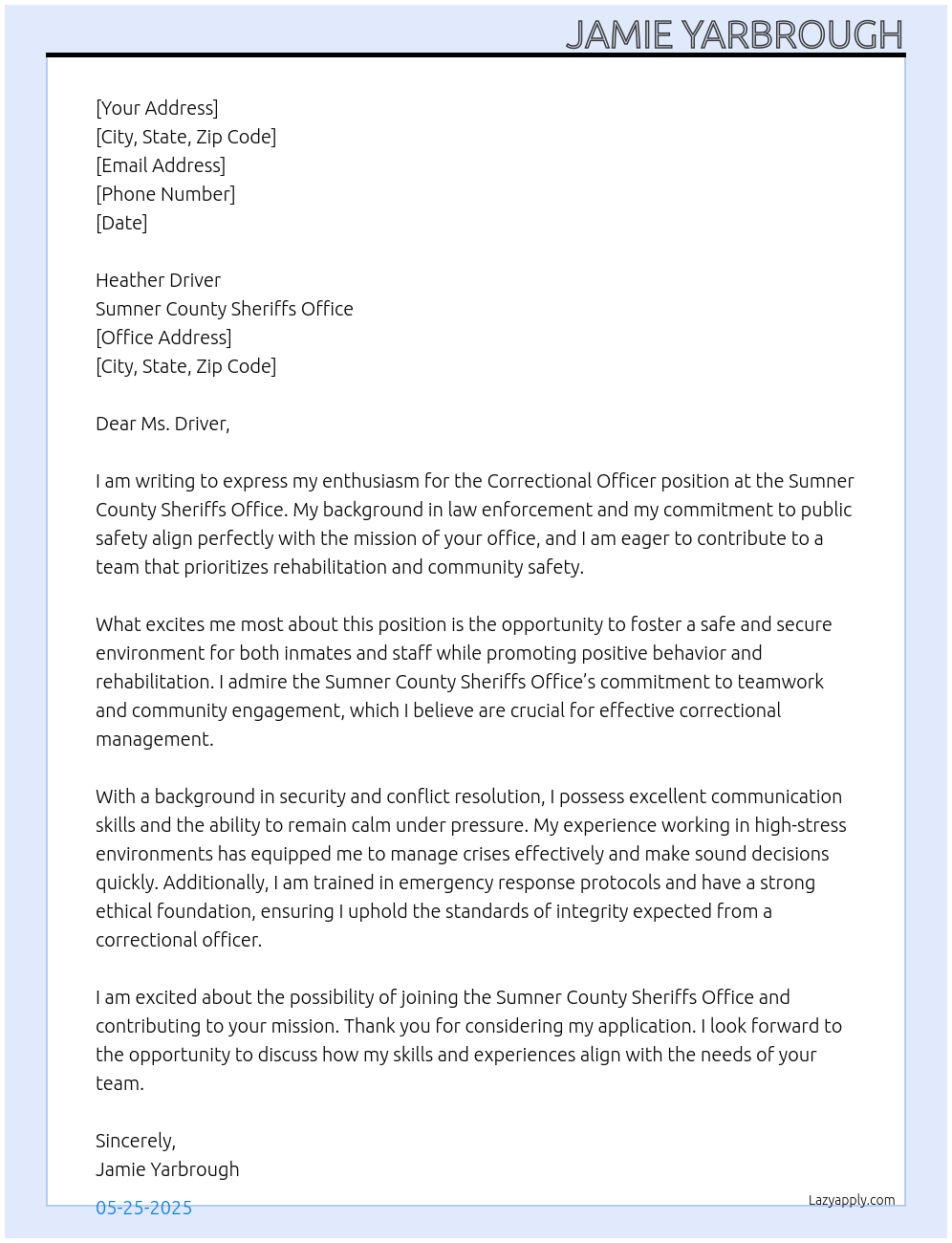 Correctional Officer At Sumner County Sheriffs Office Cover Letter