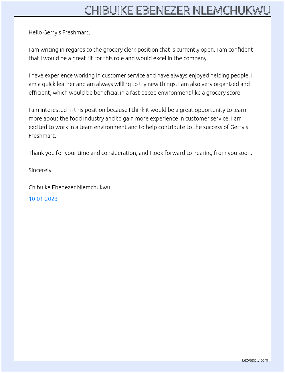Grocery Clerk At Gerry's Freshmart Cover Letter