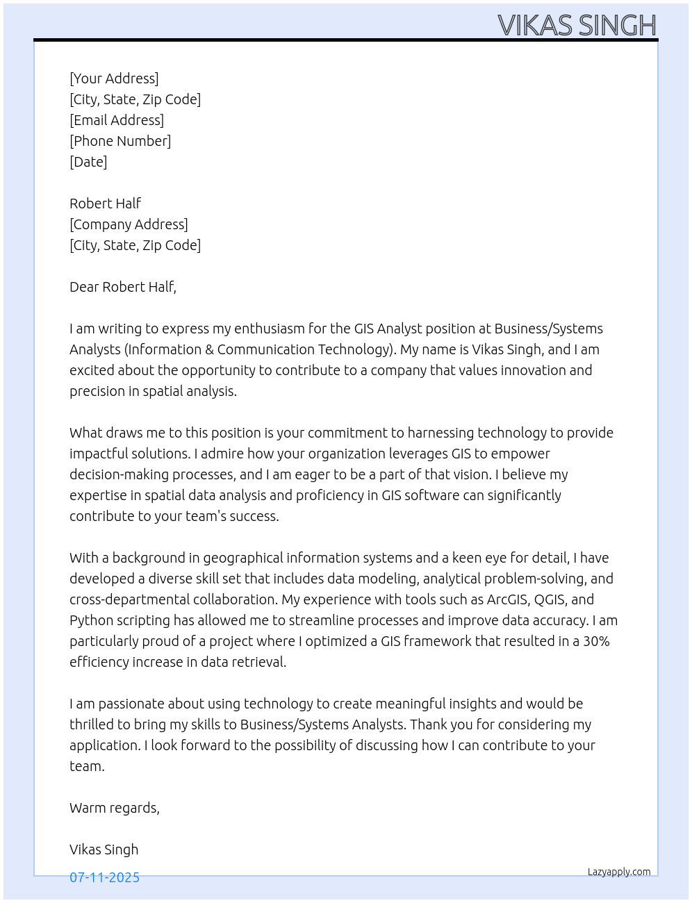 GIS Analyst At Business/Systems Analysts (Information & Communication Technology) Cover Letter