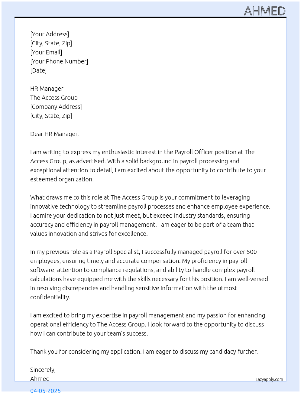 Payroll Officer At The Access Group Cover Letter