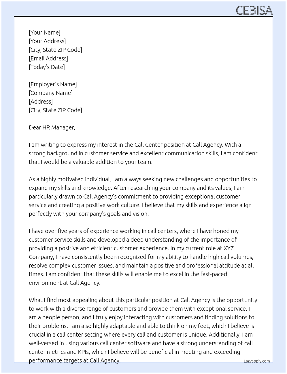 Call center At Call agency Cover Letter