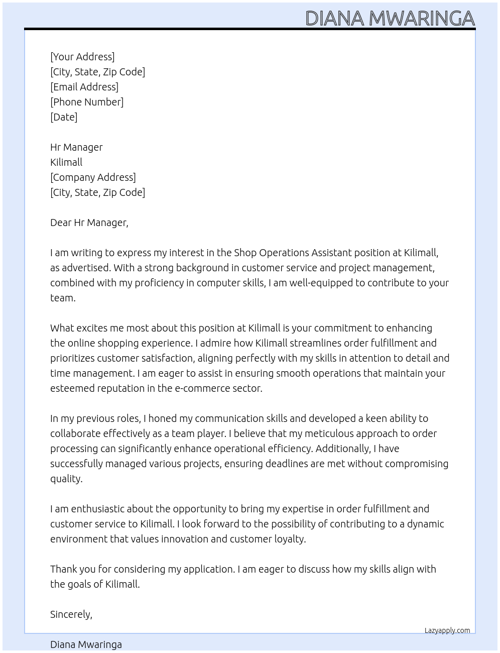 Cover letter for shop operations assistant - LazyApply