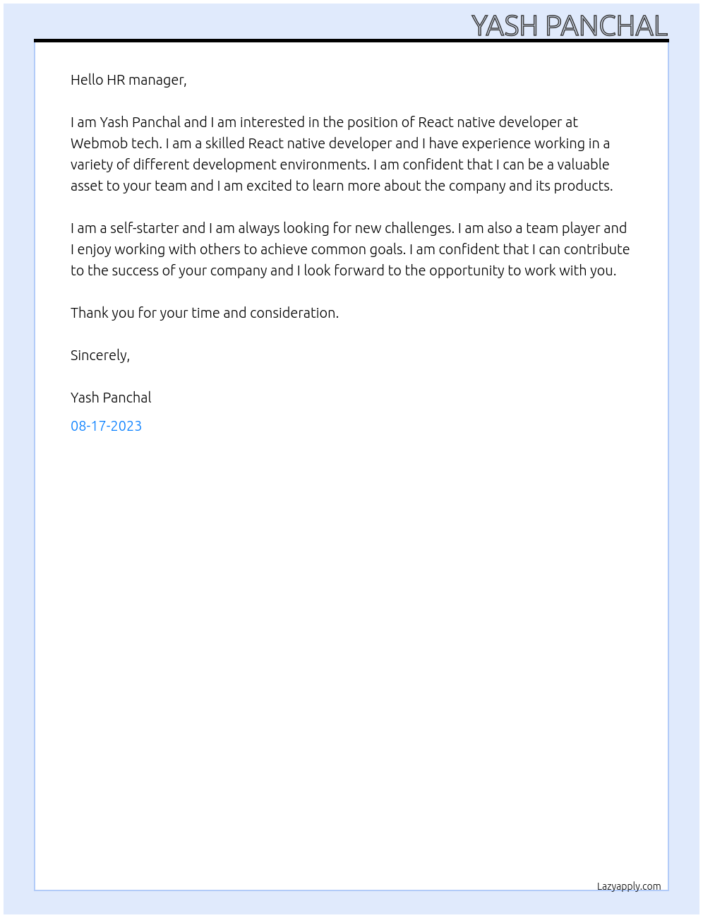 React native developer At Webmob tech Cover Letter