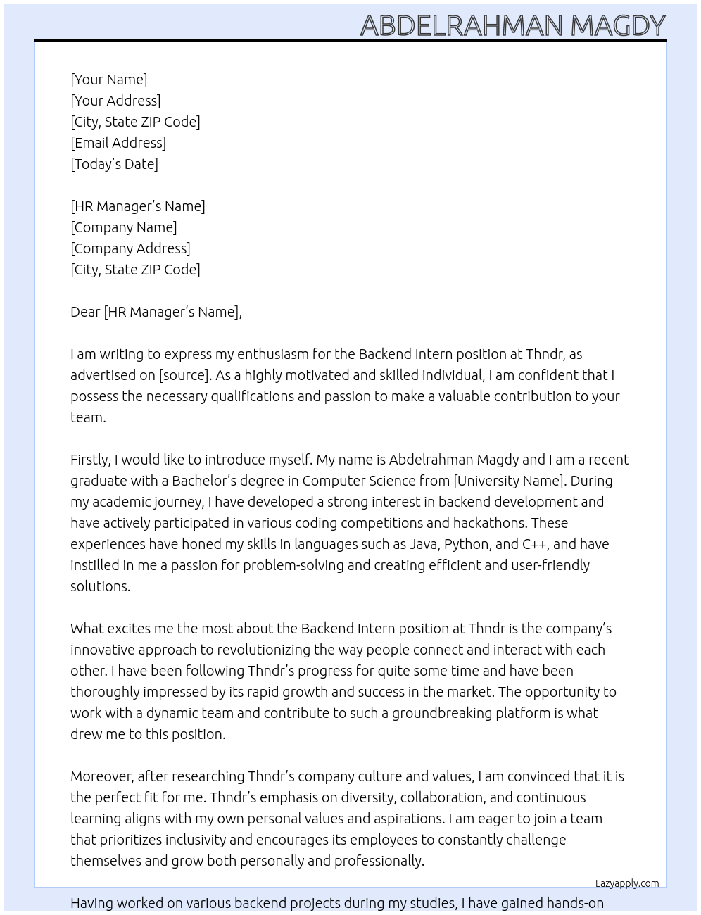 Backend intern At Thndr Cover Letter