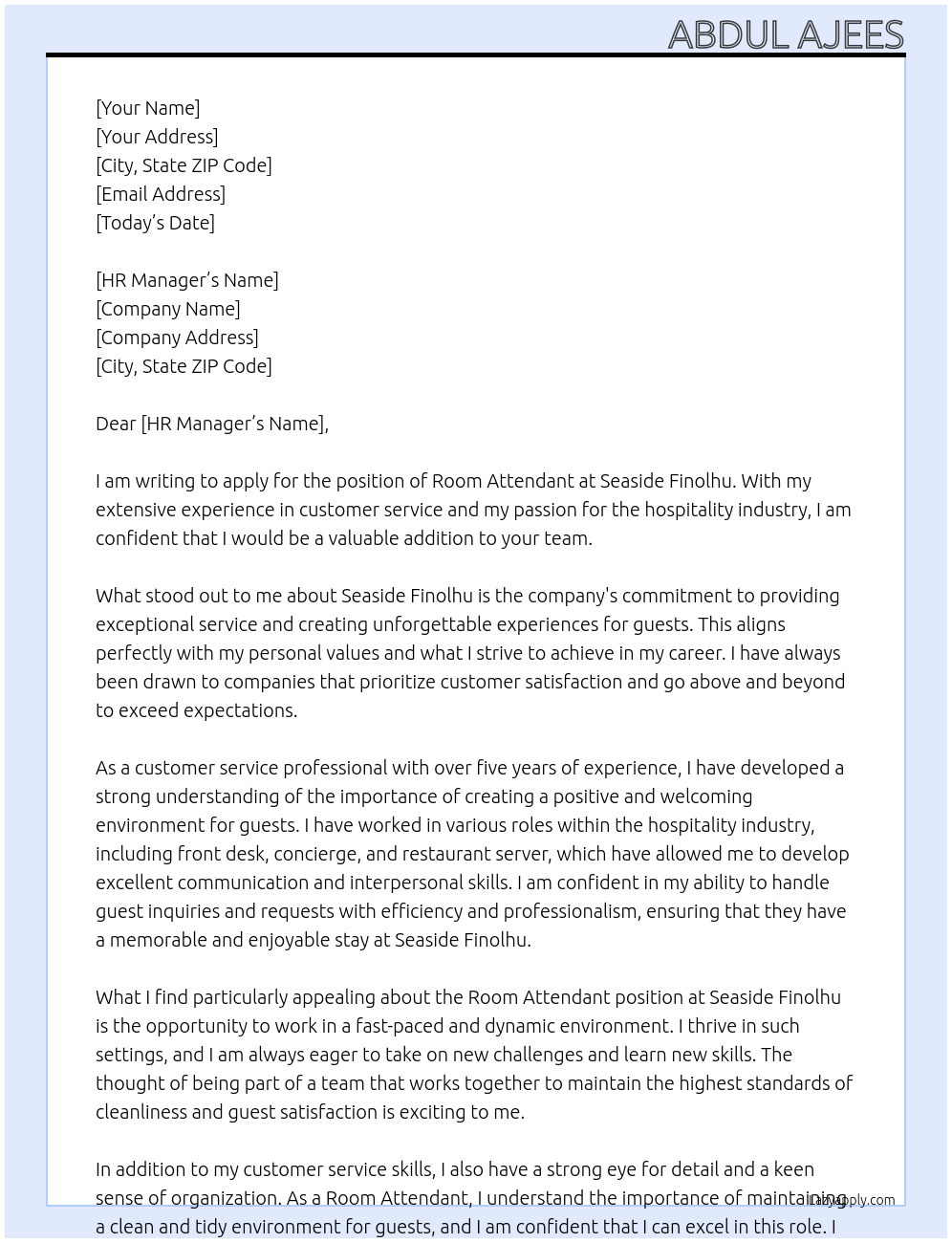Room Attendant At Seaside Finolhu Cover Letter
