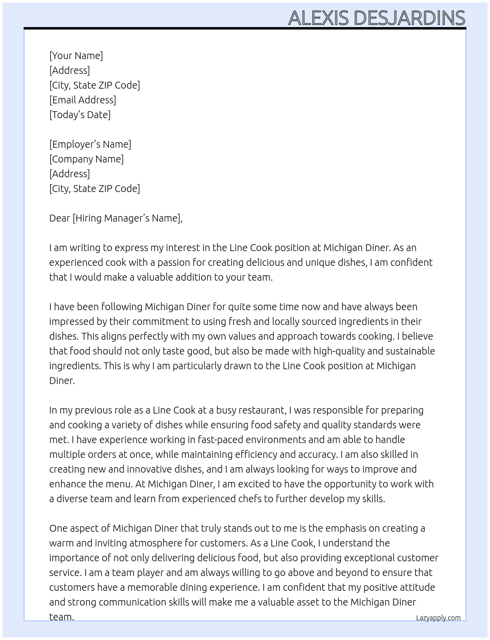 Line Cook At Michigan Diner Cover Letter