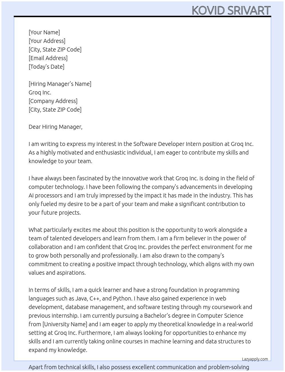 Software developer intern At Groq Inc. Cover Letter