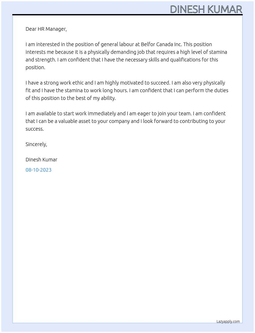 general labour At belfor canada inc. Cover Letter