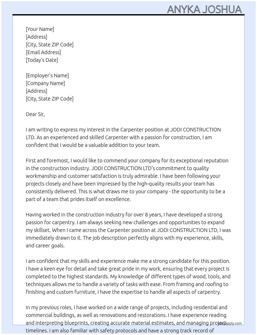 Carpenter  At JODI CONSTRUCTION LTD  Cover Letter