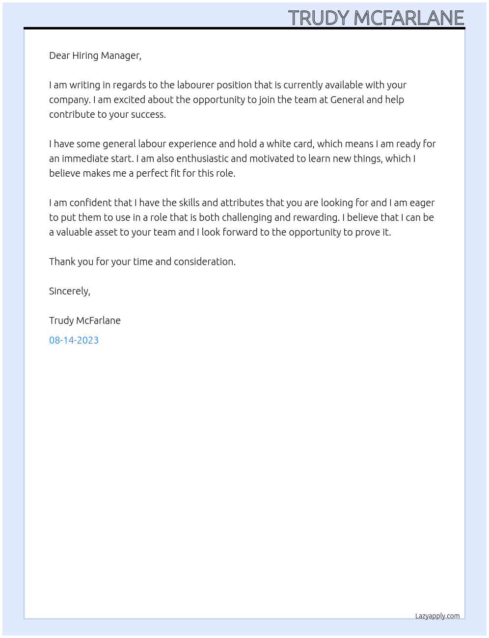 Labourer At General Cover Letter