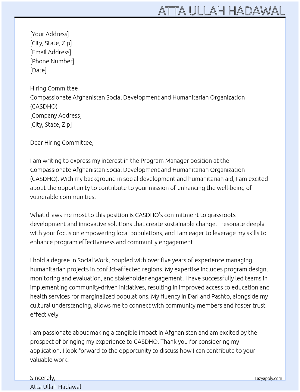 Program Manager At Compassionate Afghanistan Social Development and Humanitarian Organization (CASDHO) Cover Letter